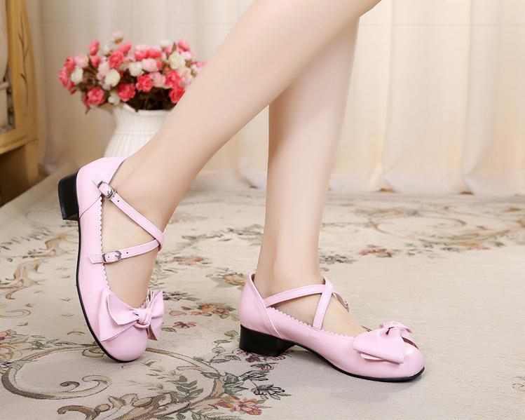 Sosic - Bow and Low Heel Cross Band Lolita Leather Shoes