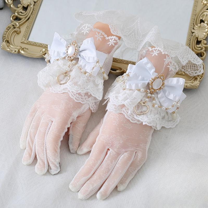 Xiaogui - Vintage Lolita Gloves Lace Bow Bead Chain Sunscreen Gloves