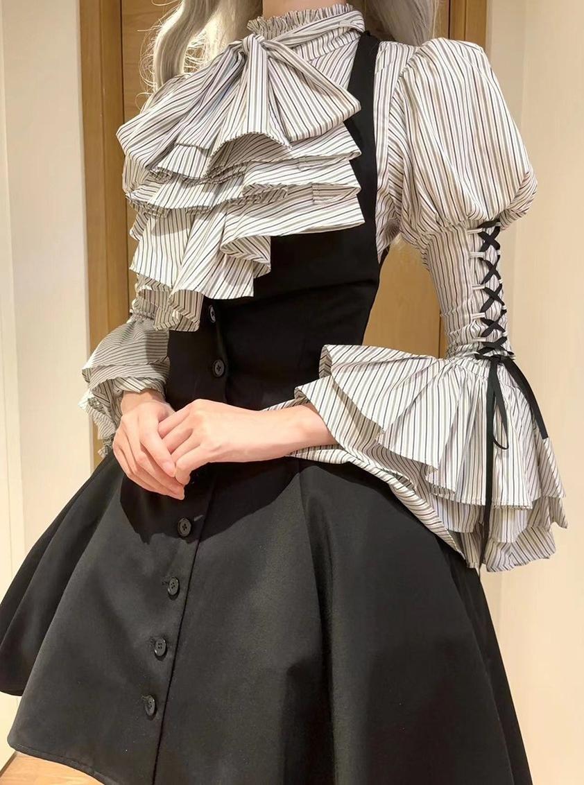 FlowerFairyDaily - Gothic Lolita Striped Shirt With Alternative NeckTie/Jabot