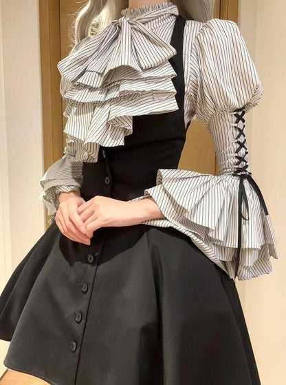 FlowerFairyDaily - Gothic Lolita Striped Shirt With Alternative NeckTie/Jabot