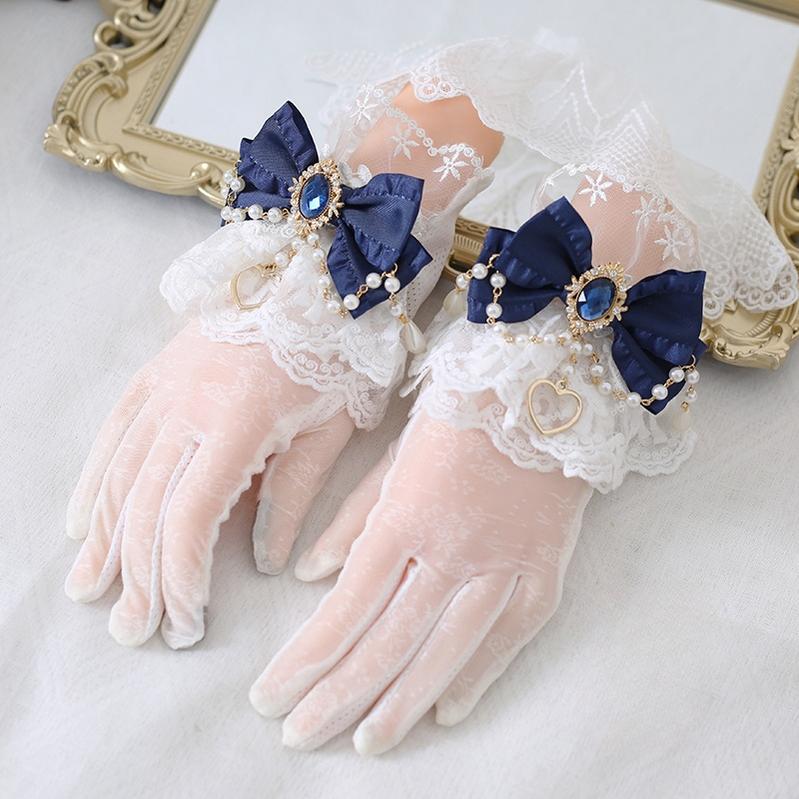 Xiaogui - Vintage Lolita Gloves Lace Bow Bead Chain Sunscreen Gloves