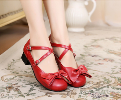 Sosic - Bow and Low Heel Cross Band Lolita Leather Shoes