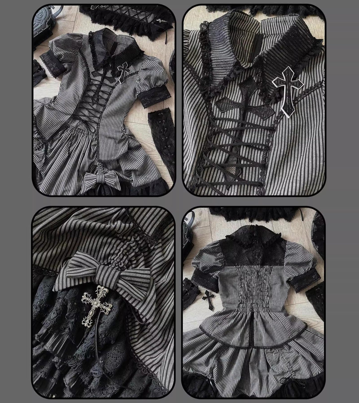 Susin Lolita - Striped Cross - Gothic Coordinated Lolita Set, Adjustable Blouse & Skirt