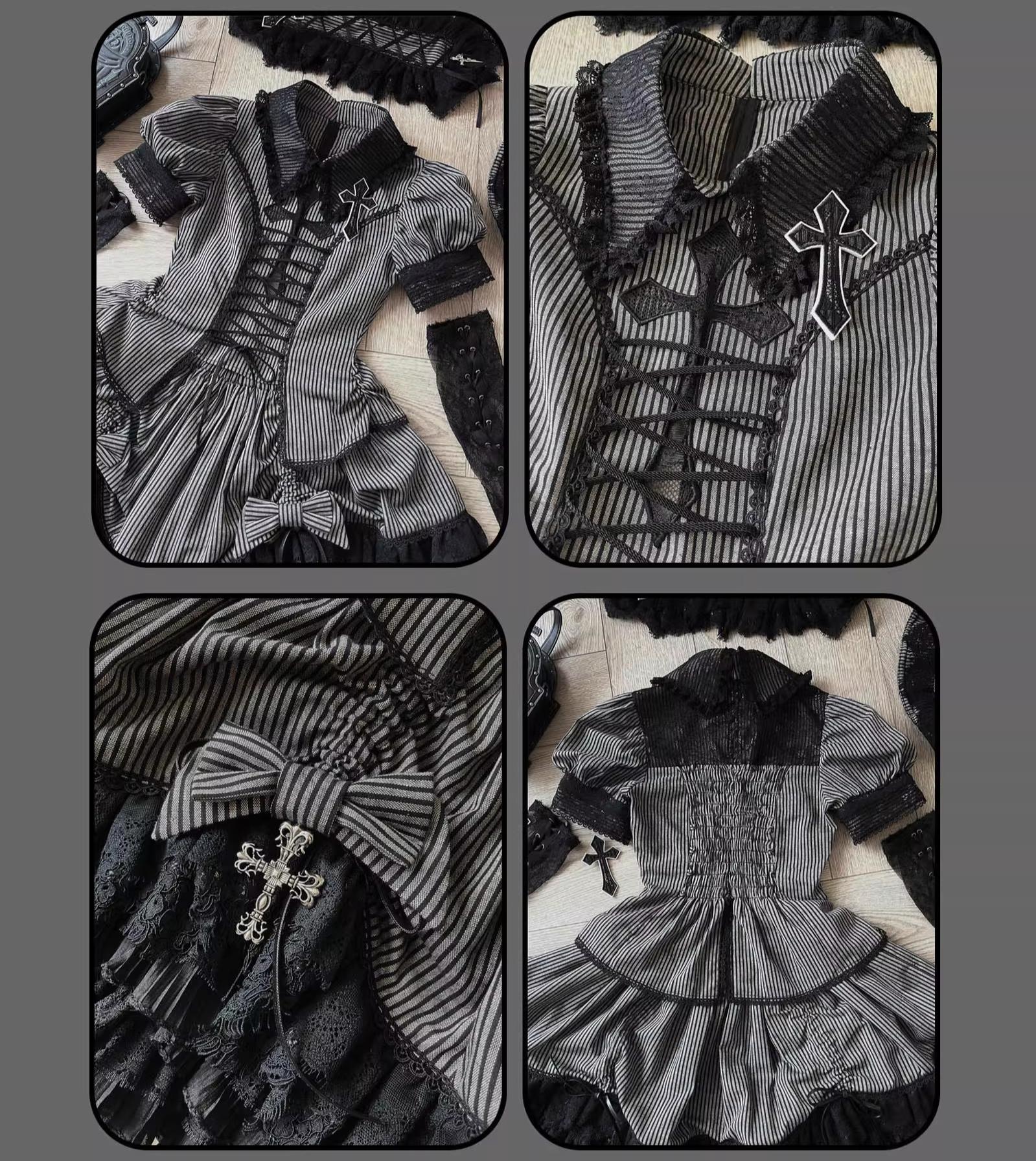Susin Lolita - Striped Cross - Gothic Coordinated Lolita Set, Adjustable Blouse & Skirt