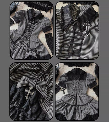 Susin Lolita - Striped Cross - Gothic Coordinated Lolita Set, Adjustable Blouse & Skirt