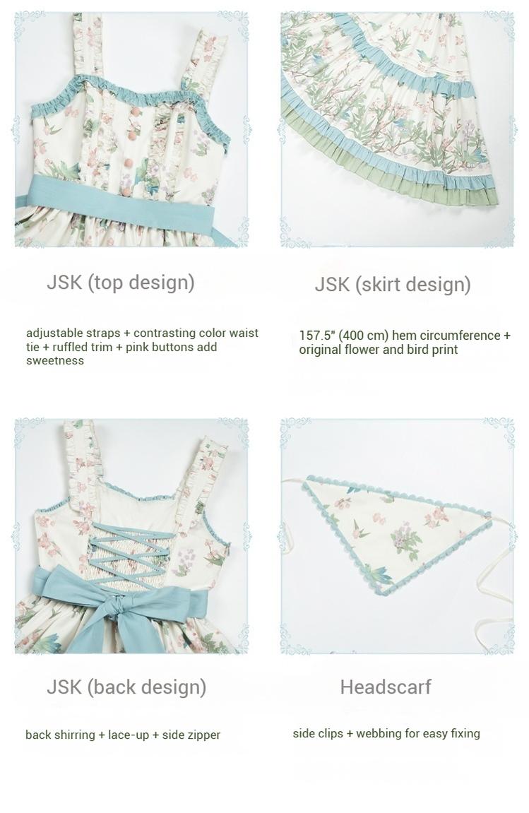 With PUJI - Oriole Time - Country Lolita JSK and OP Dress, Floral and Bird Print