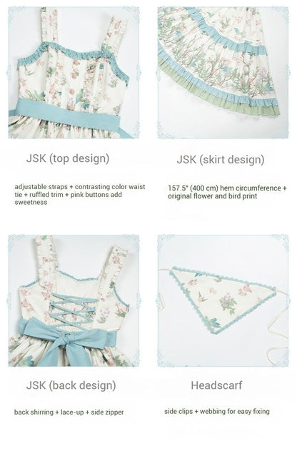 With PUJI - Oriole Time - Country Lolita JSK and OP Dress, Floral and Bird Print