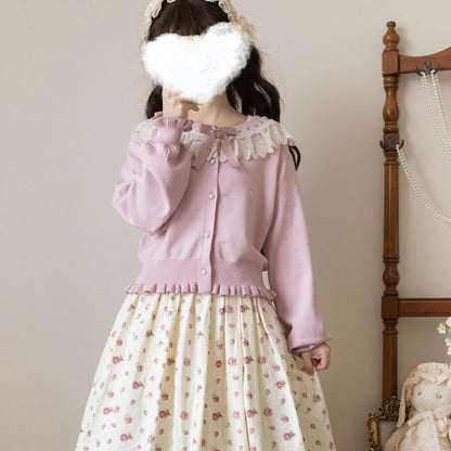 MIST - Graceful Dream - Retro Kawaii Lolita Sweater Cardigan, Ruffled Lace Neckline