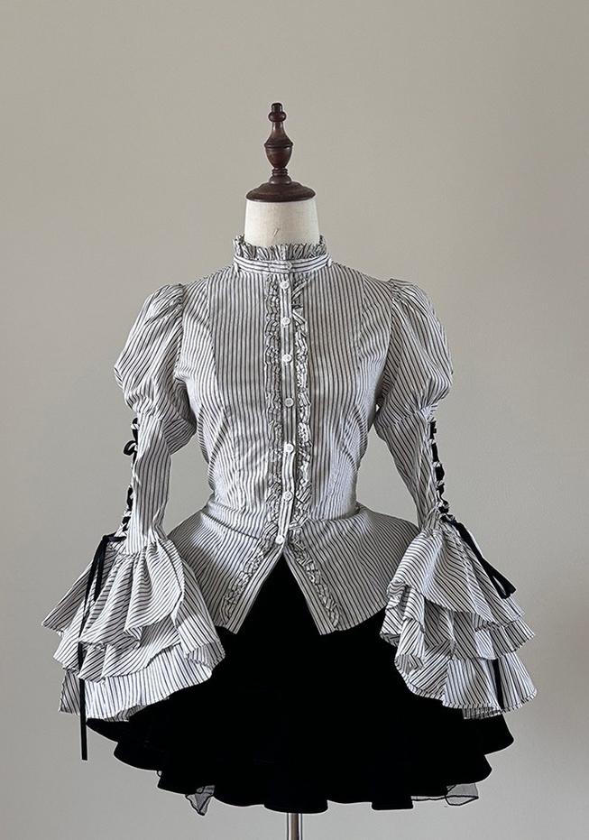 FlowerFairyDaily - Gothic Lolita Striped Shirt With Alternative NeckTie/Jabot