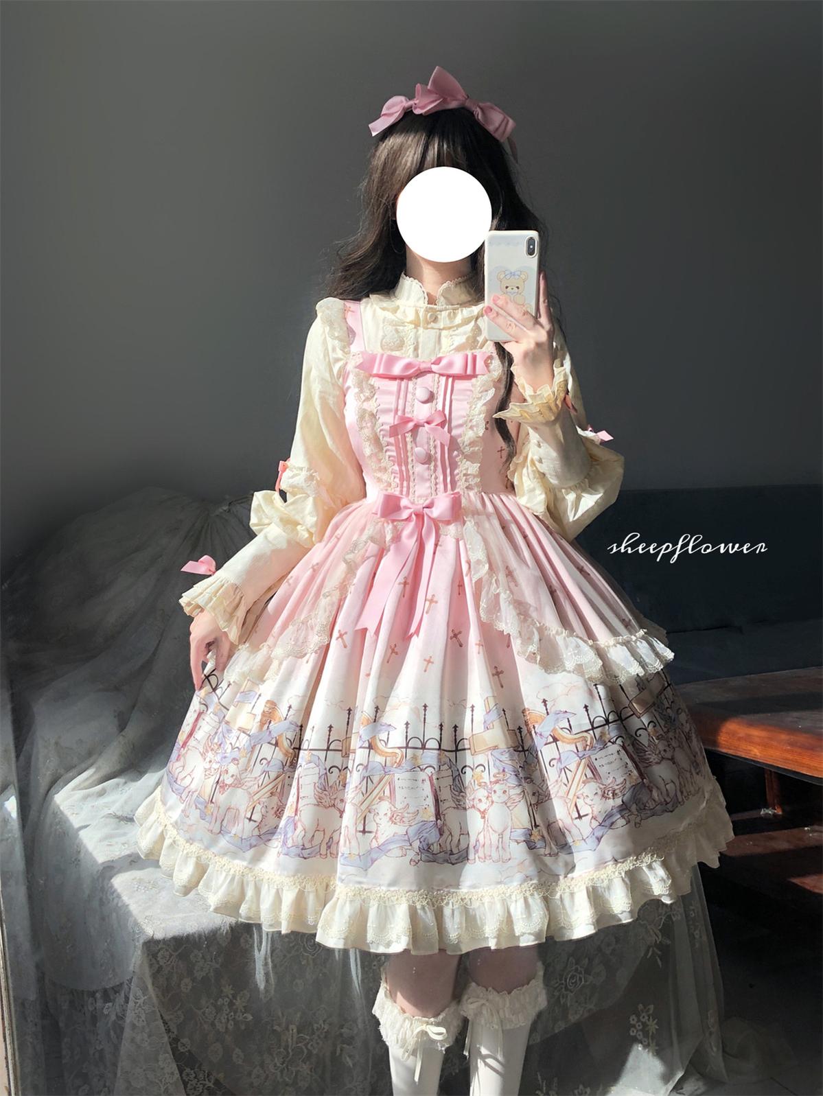 Uncle's Workshop - Angel Lamb - Kawaii Lolita Dress With Side Pockets, Lamb Print