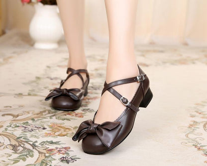 Sosic - Bow and Low Heel Cross Band Lolita Leather Shoes