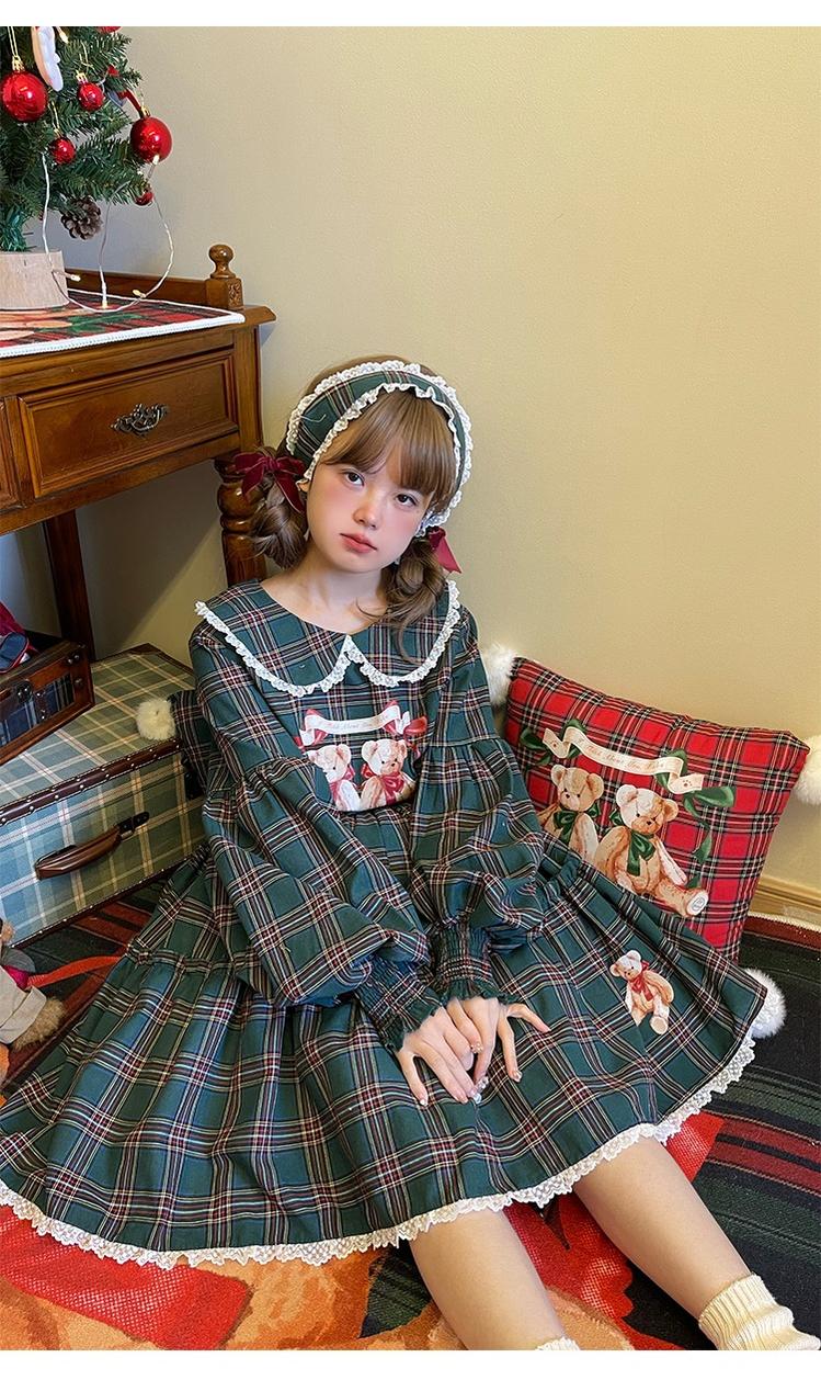 Labeau - Christmas Vintage Lolita Skirts Doll Collar Blouse Plaid Skirt Set