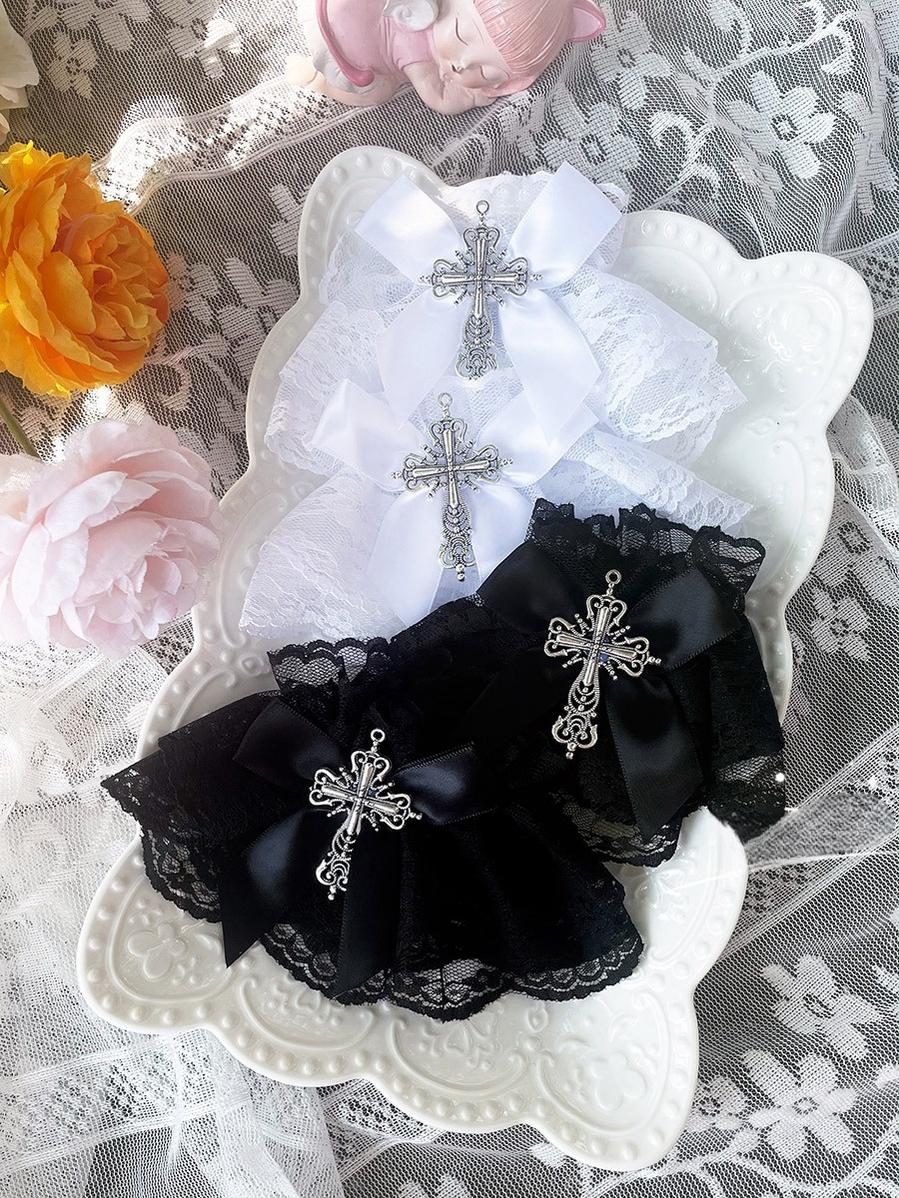 Hua Nai Cat - Gothic Lolita Cuffs with Cross Black and White Hand Sleeve