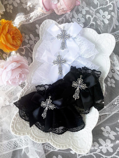 Hua Nai Cat - Gothic Lolita Cuffs with Cross Black and White Hand Sleeve