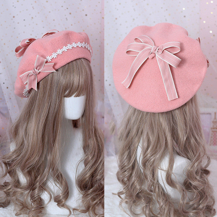 Xiaogui - Sweet and Lovely Daisy Bowknot Woolen Beret