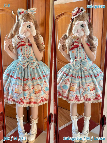 DreamWhale - Showa Dessert Showcase - Kawaii Lolita Dress Suit Pudding-Inspired JSK/Salopette