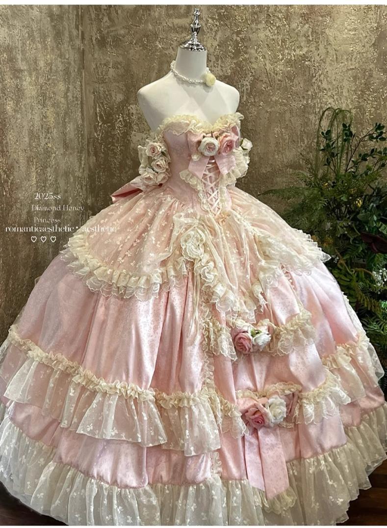 Diamond Honey - Love and Roses - Princess Bridal Wedding Lolita Dress With Rose Detail and Tiered Skirt