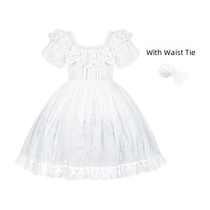 With PUJI - Dawn's Last Light - Castle Printed White Gothic Lolita OP, Two Length Styles