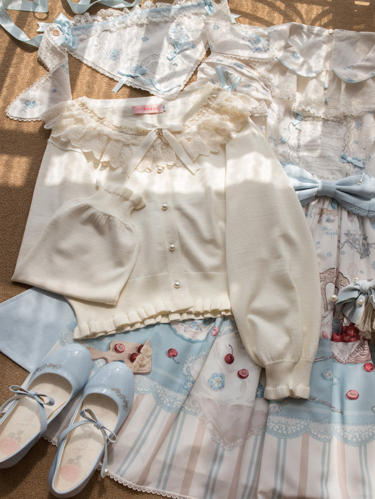 MIST - Graceful Dream - Retro Kawaii Lolita Sweater Cardigan, Ruffled Lace Neckline