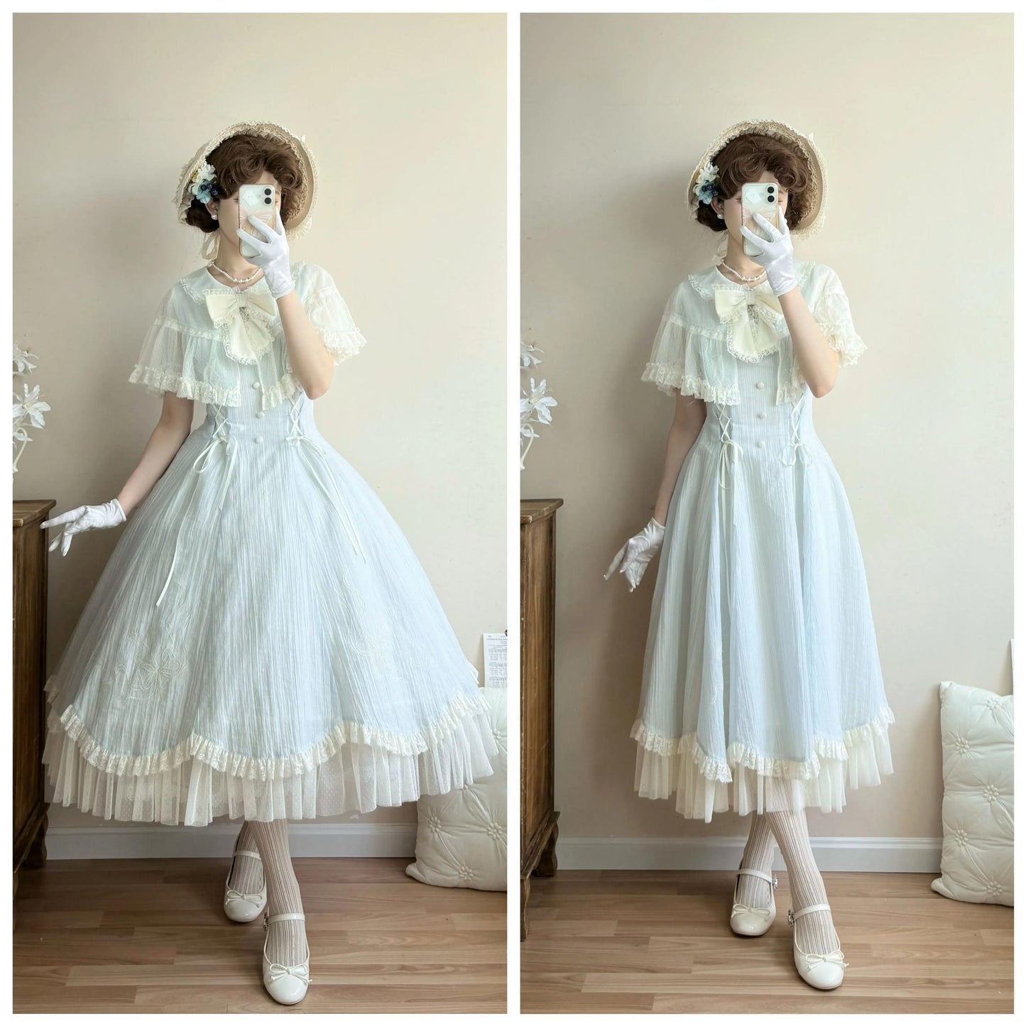 Kuma - Little Wind Chime - Elegant Lolita OP Water Blue Dress With Decorative Tulle Cape