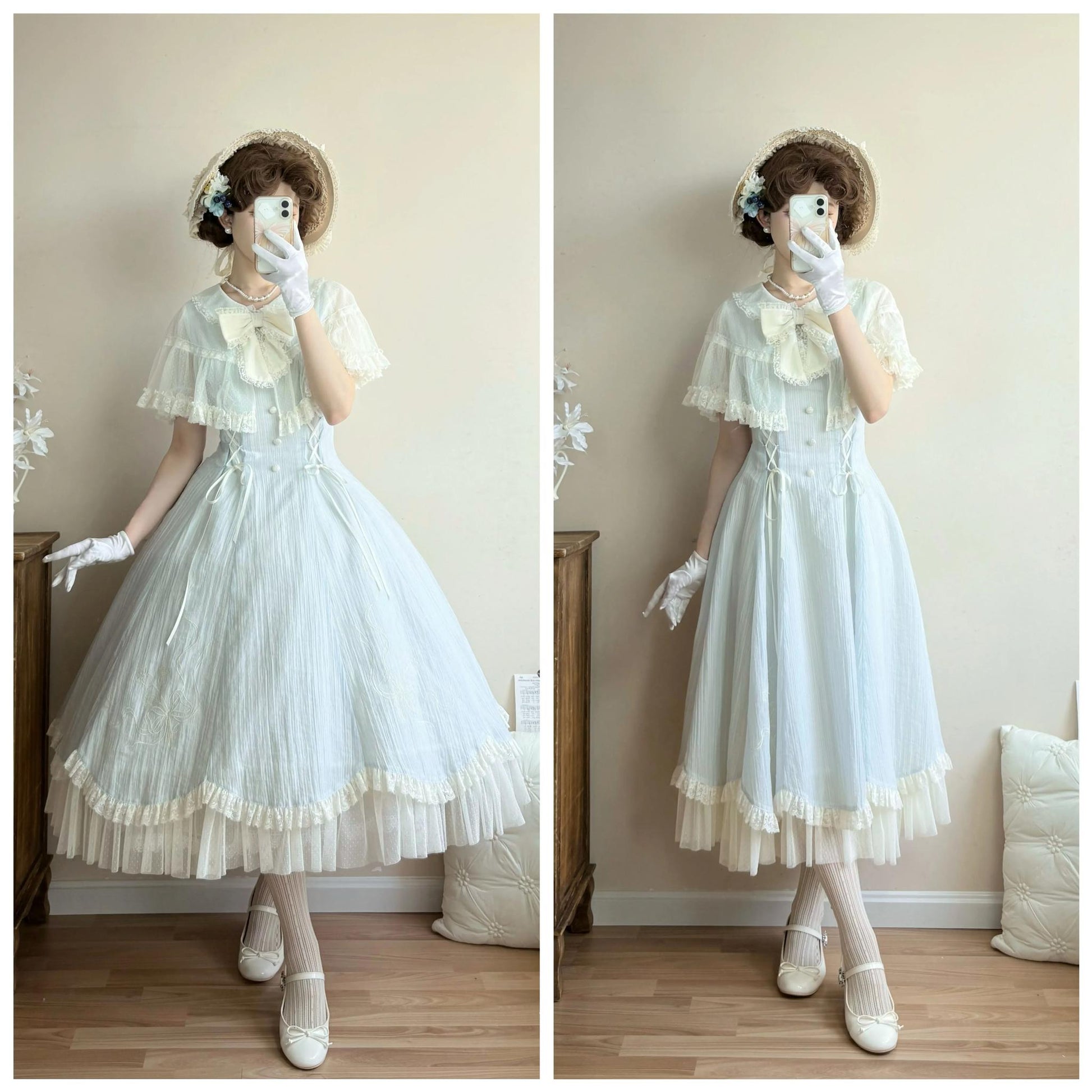 Kuma - Little Wind Chime - Elegant Lolita OP Water Blue Dress With Decorative Tulle Cape