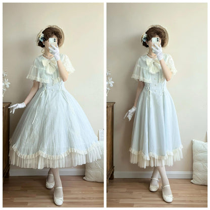 Kuma - Little Wind Chime - Elegant Lolita OP Water Blue Dress With Decorative Tulle Cape