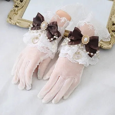 Xiaogui - Vintage Lolita Gloves Lace Bow Bead Chain Sunscreen Gloves