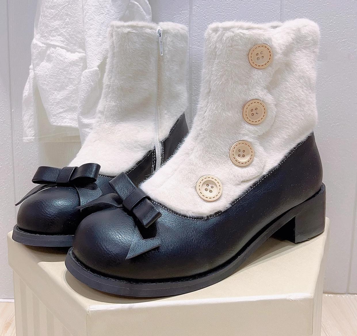 Dolly Doll - Winter Lolita Boots Fur Mary Jane Lolita Low Heel Shoes