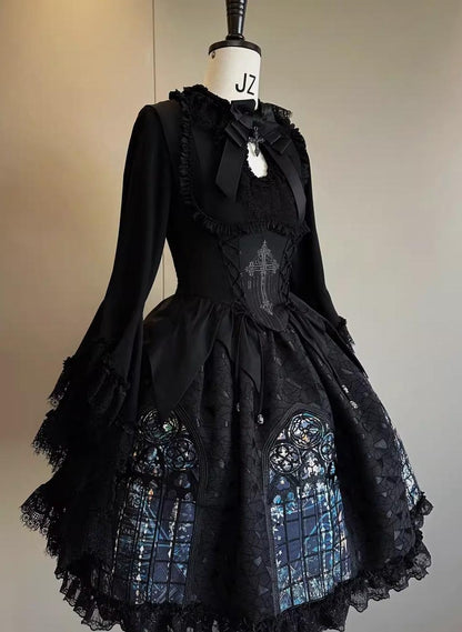 Susin Lolita - Night Traveler - Gothic Lolita Skirt Outfit Long Coat Shirt and Bustier Set