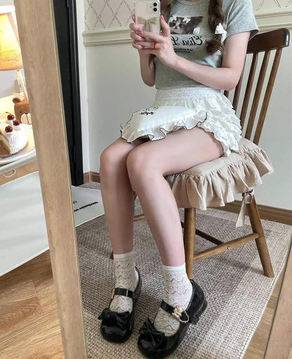 Sheep Puff - Hug Bear - Sweet Lolita Heel Shoes Bear Metal Buckle Bow Shoes