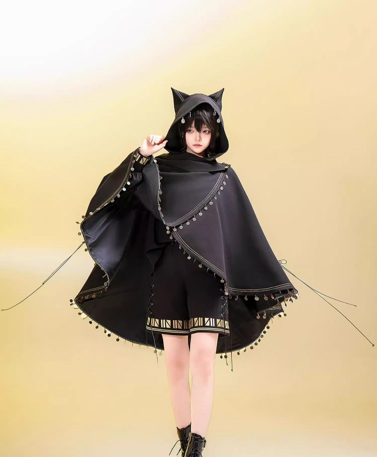 Princess Chronicles - Black Cat - Black Ouji Lolita Cape with Cool Cat Ear Hood