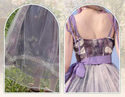 Cyan Lolita - Blooming Tree Shade - Sweet Lolita Strap JSK Bow Oil Painting Print Dress