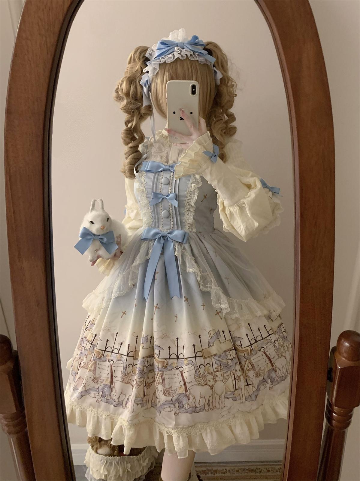 Uncle's Workshop - Angel Lamb - Kawaii Lolita Dress With Side Pockets, Lamb Print