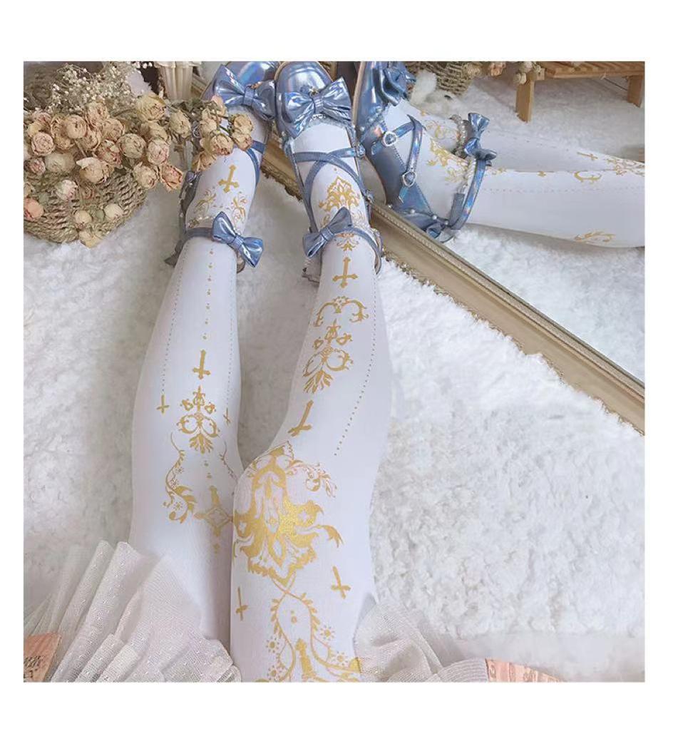 Wulala Mew - Elegant Lolita Pantyhose Daily Gold Foil Printing Tights