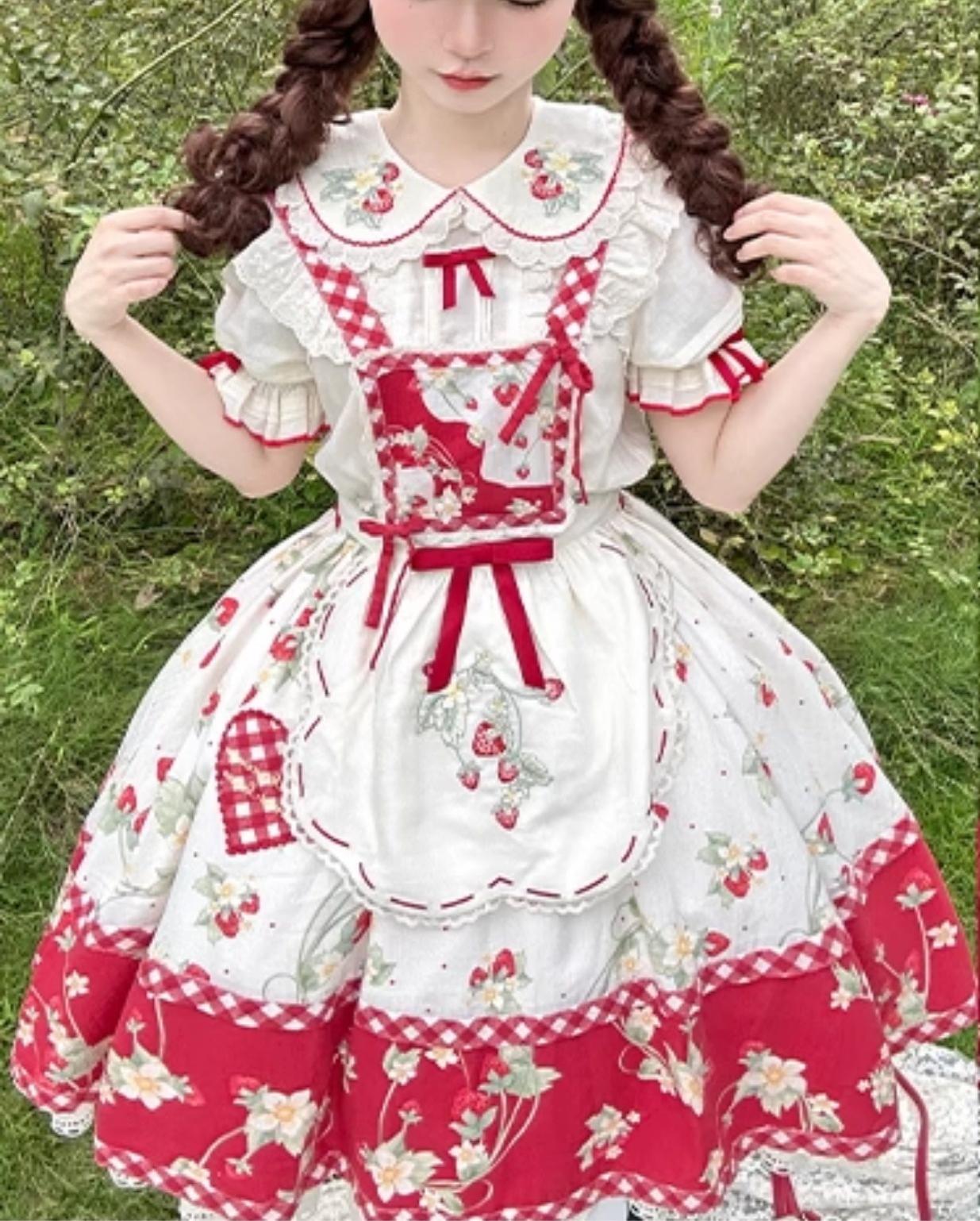 Piggy Bun - Sweet Lolita Shirt Strawberry Embroidery Ivory Blouse