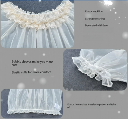 ZhiJinYuan - Daily Lolita Shirt Short Sleeve Sheer Mesh Off-Shoulder Blouse