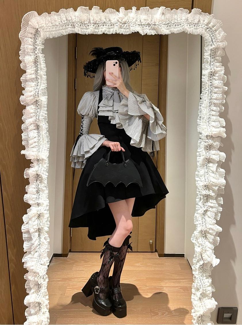 FlowerFairyDaily - Gothic Lolita Striped Shirt With Alternative NeckTie/Jabot