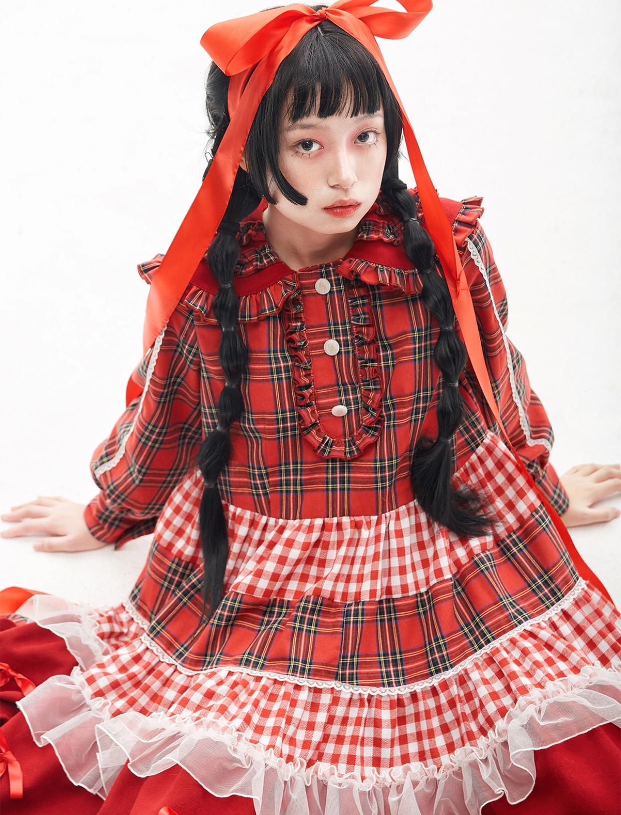 Soso Meme Club - Vintage Lolita OP Dress Red Lolita Plaid Dress for Spring Summer