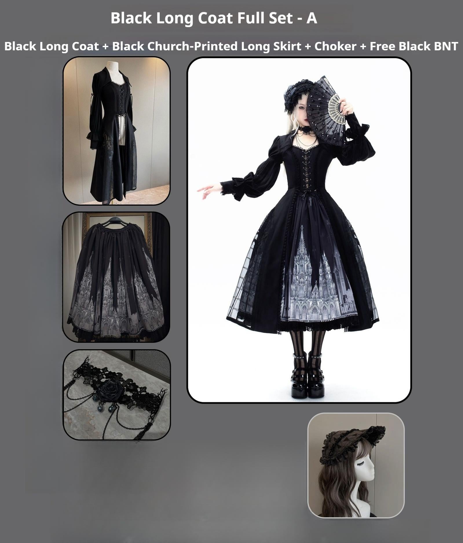 Susin Lolita - Night Traveler - Gothic Lolita Skirt Outfit Long Coat Shirt and Bustier Set