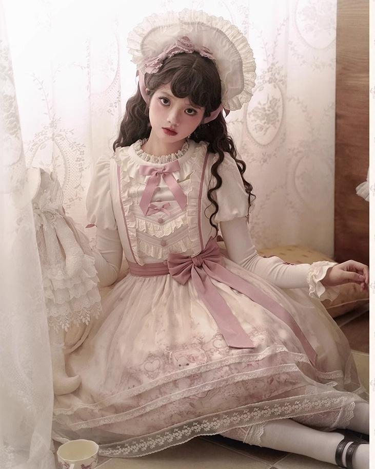 Half Sweet Lolita - Doll Garden - Sweet Lolita JSK Dress Cat Print Pink Dress Set