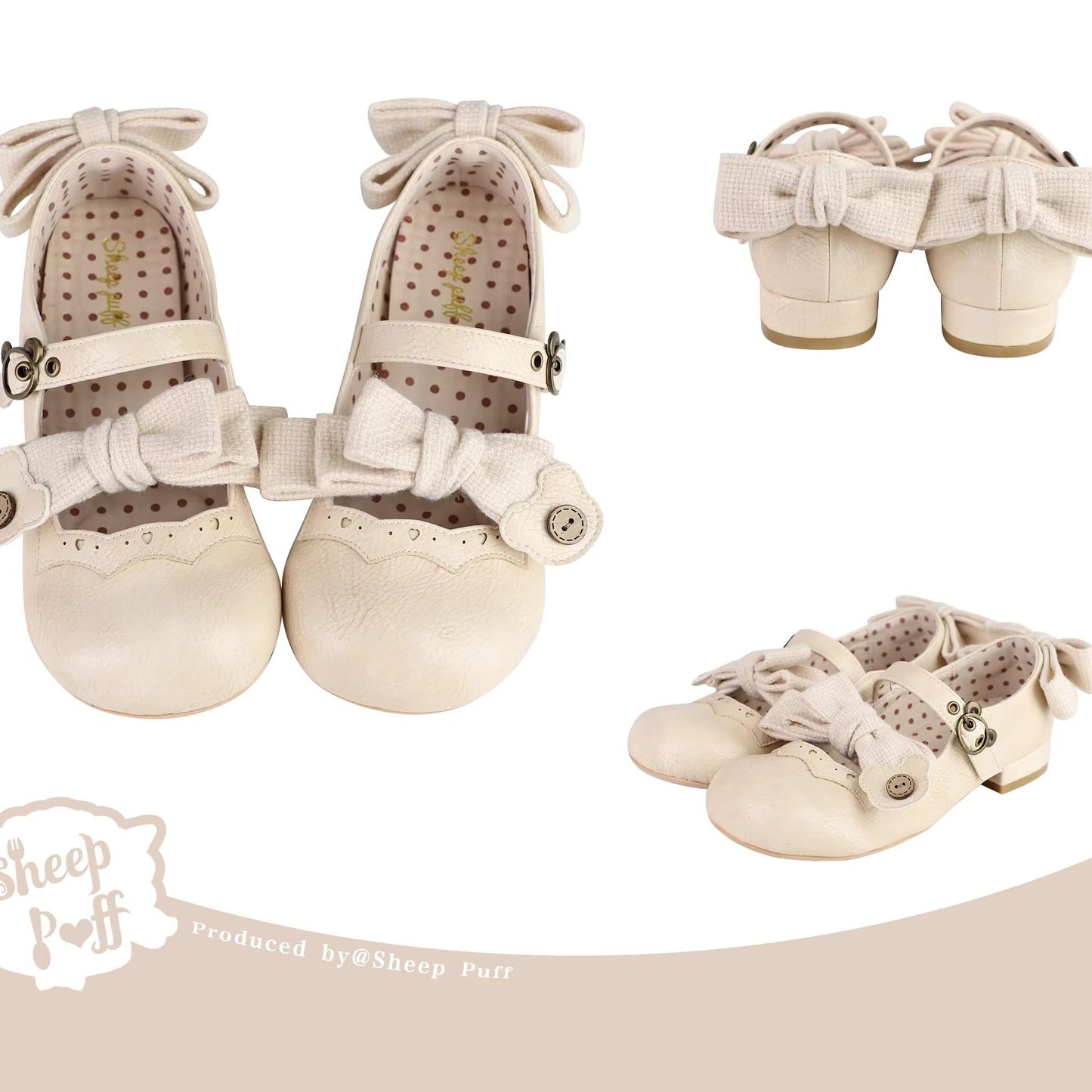 Sheep Puff - Bear Room - Sweet Lolita Shoes Double Bow Round Toe Flat Shoes