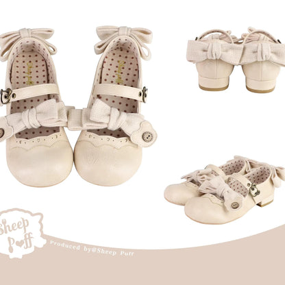 Sheep Puff - Bear Room - Sweet Lolita Shoes Double Bow Round Toe Flat Shoes