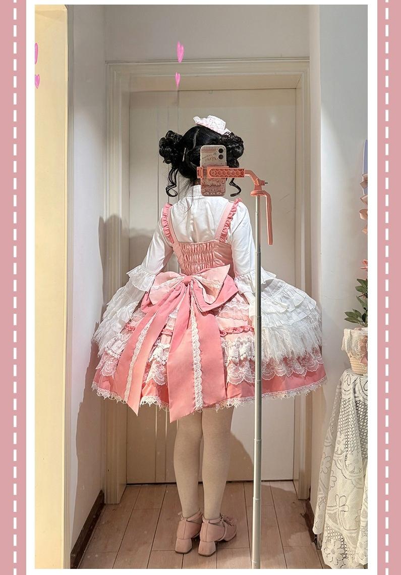 Qianmu - Girl's Secret - Pink Sweet Lolita JSK Dress with Lace and Bow Trailing
