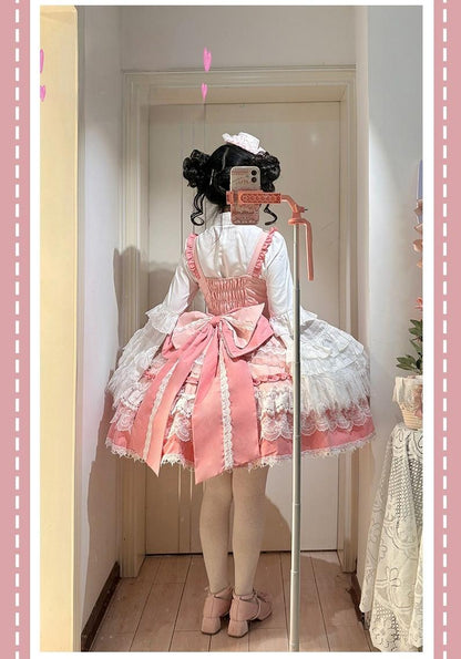 Qianmu - Girl's Secret - Pink Sweet Lolita JSK Dress with Lace and Bow Trailing