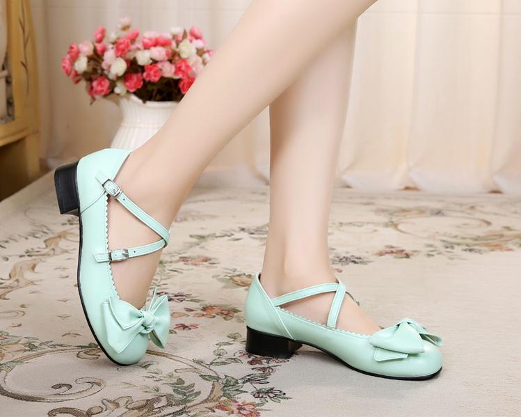 Sosic - Bow and Low Heel Cross Band Lolita Leather Shoes