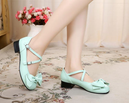 Sosic - Bow and Low Heel Cross Band Lolita Leather Shoes