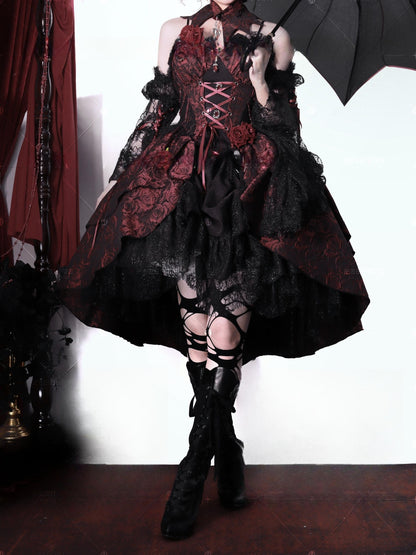 Cornfield Lolita - Rose Blood - Black Red Gothic Lolita JSK Jacquard Court Dress