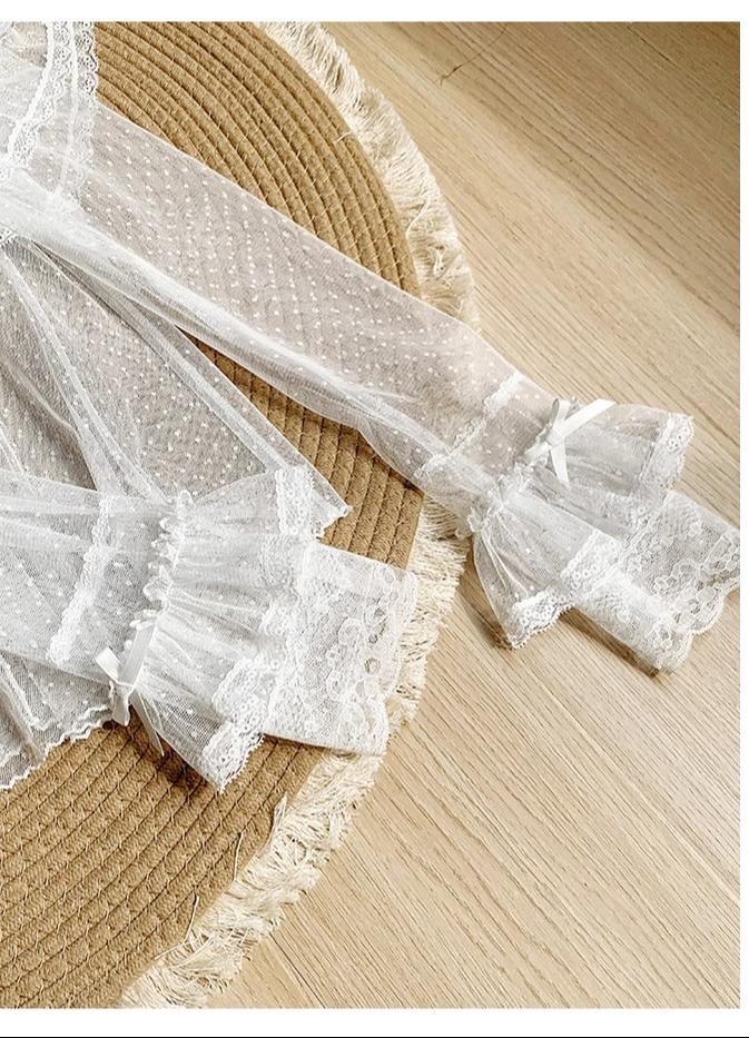 With PUJI - Letters and Poems - Summer Classic Lolita Shirt with Dotted Tulle and Long Sleeve