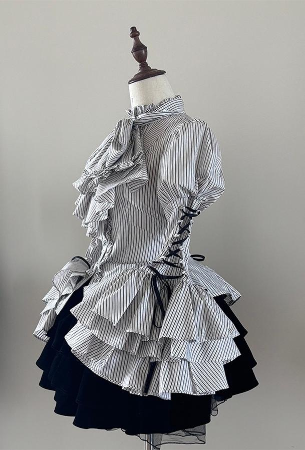 FlowerFairyDaily - Gothic Lolita Striped Shirt With Alternative NeckTie/Jabot