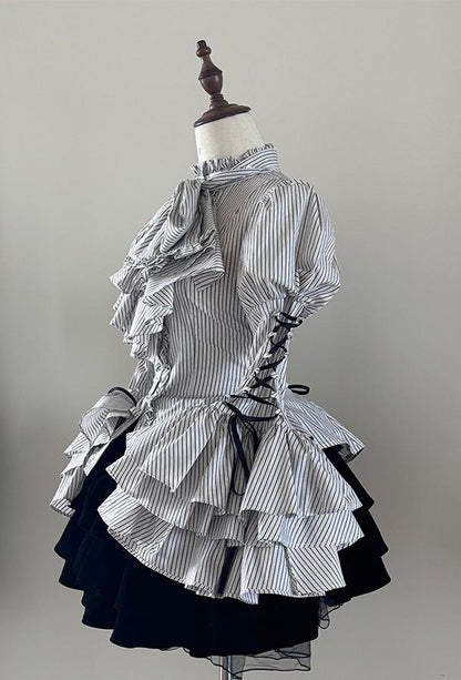 FlowerFairyDaily - Gothic Lolita Striped Shirt With Alternative NeckTie/Jabot